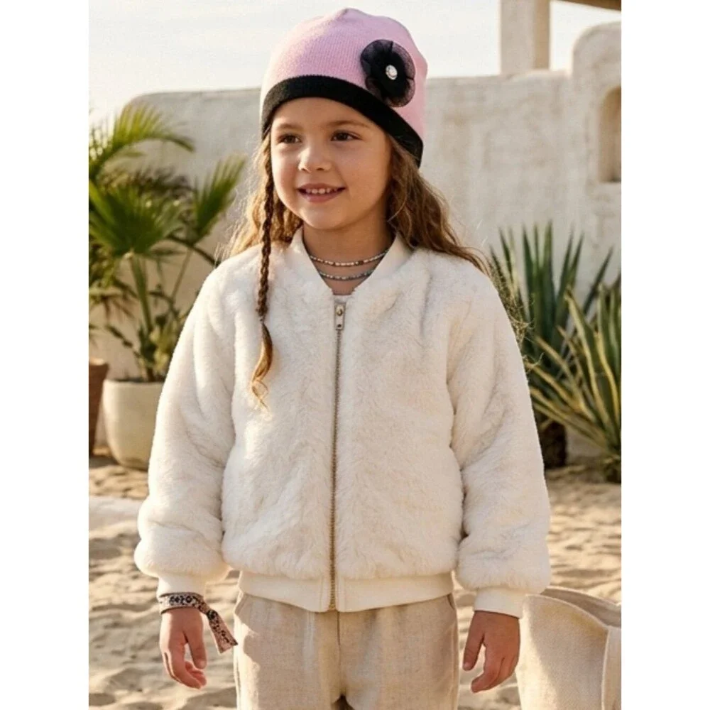 Cat & Jack Cream Faux Fur Jacket & Beanie Set - 6-9M